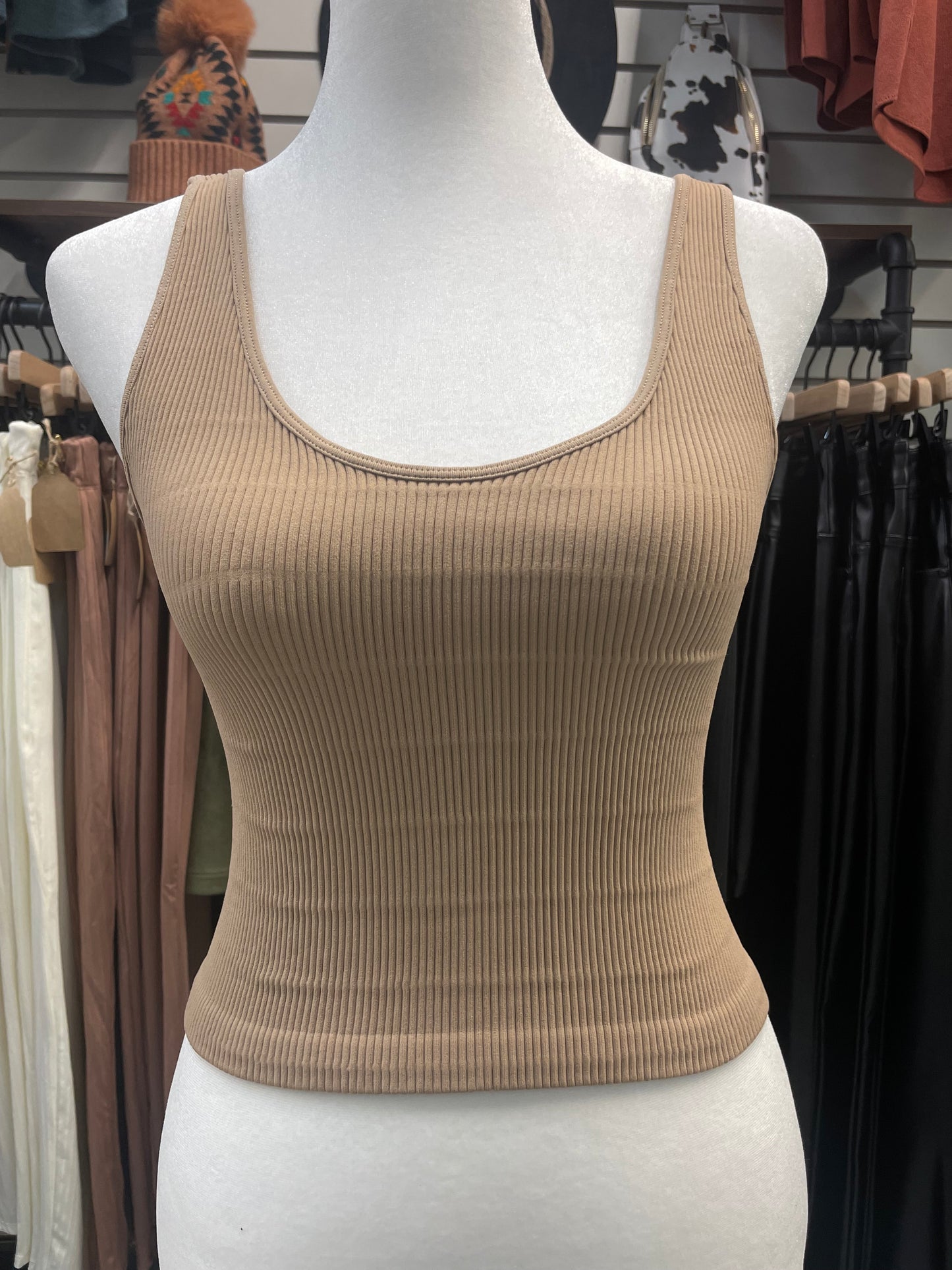 Tan V Neck Ribbed Tank