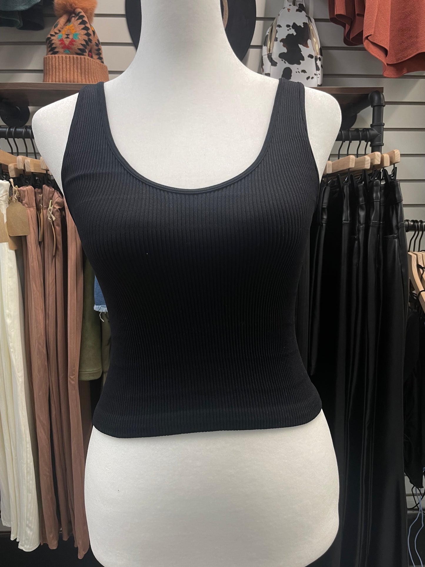 Black V Neck Ribbed Tank