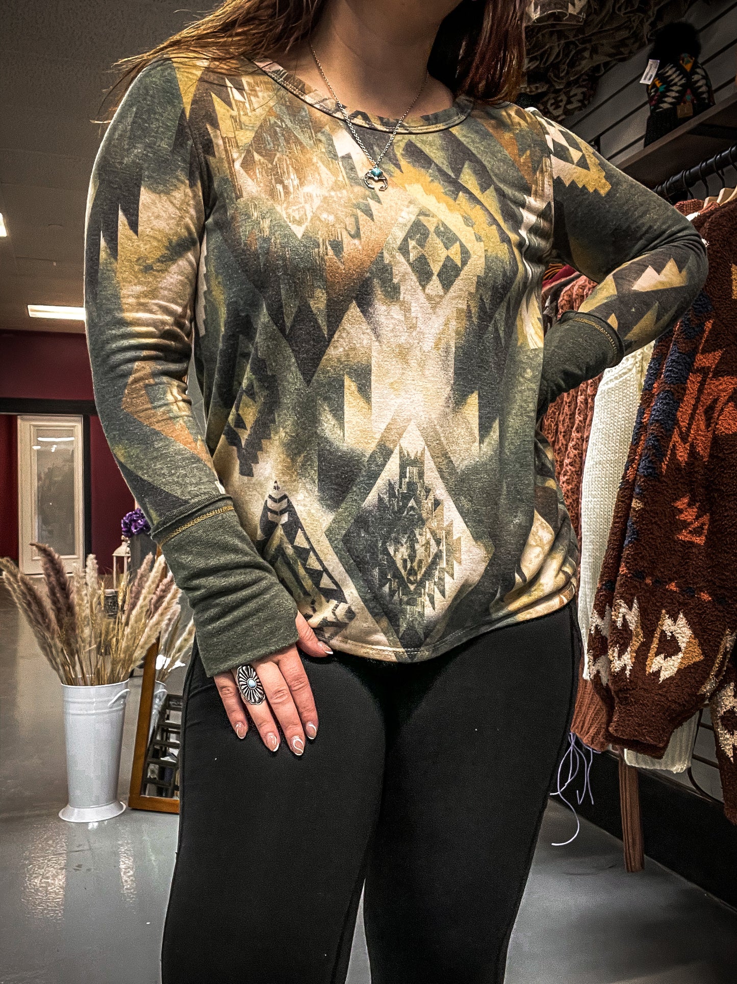 Olive Aztec Long Sleeve