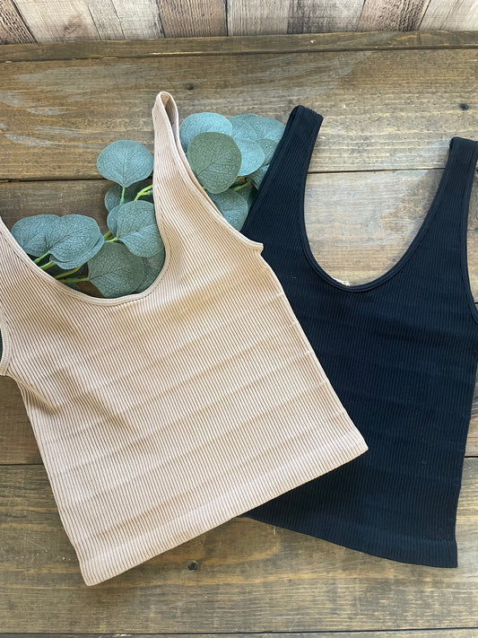 Tan V Neck Ribbed Tank
